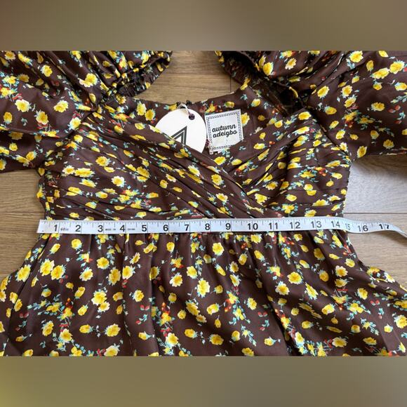 NWT AUTUMN ADEIGBO Bridgette 100% Silk Puff-Sleeve Mini Dress Brown Size 4 - Picture 13 of 16